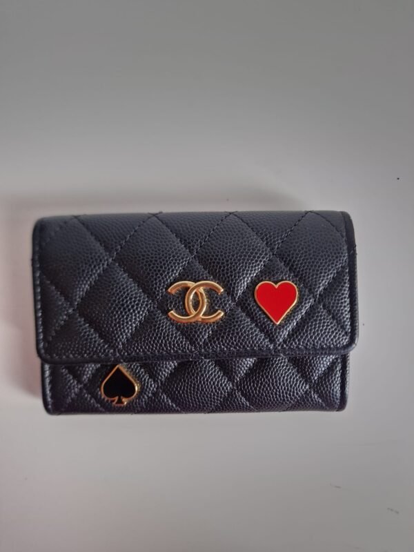 Chanel 23C black caviar leather poker charm flap card holder front